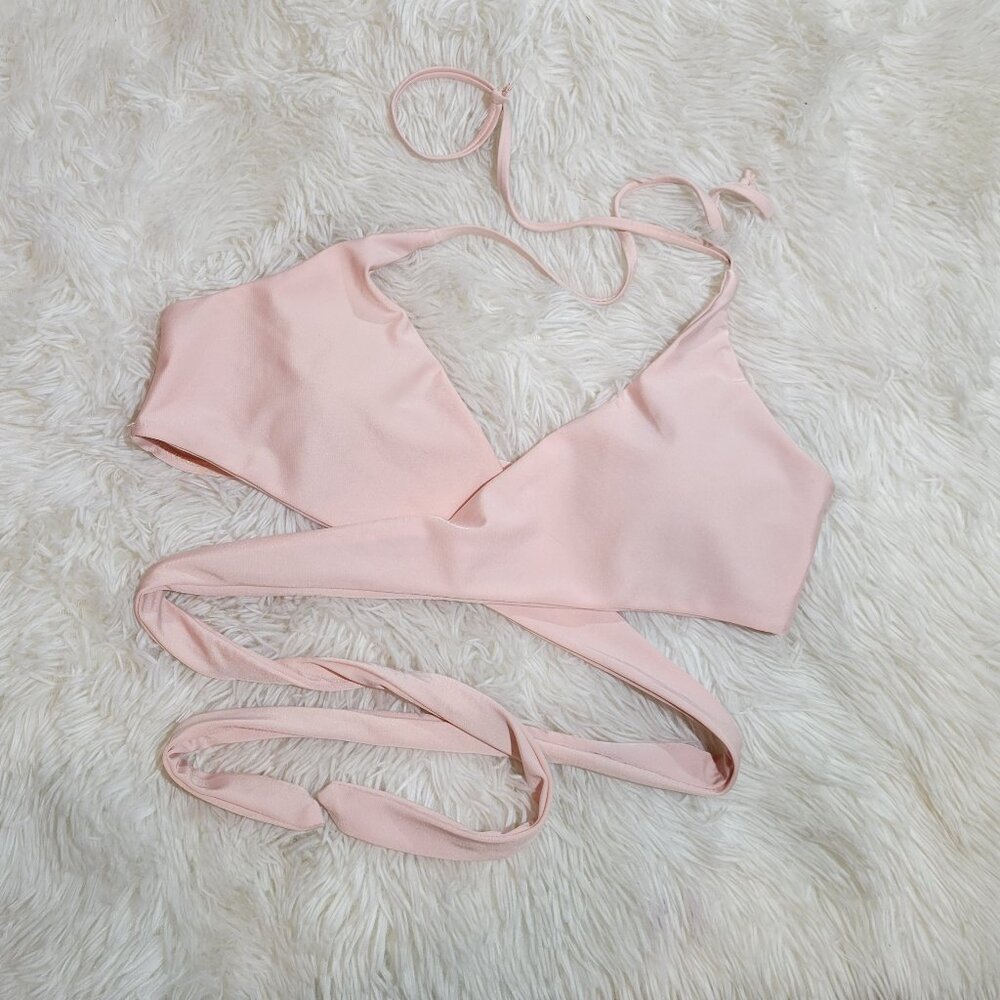 🩷Solid Pink Pastel Criss Cross Sexy Padded Push-up Lined Cross over Bikini Top